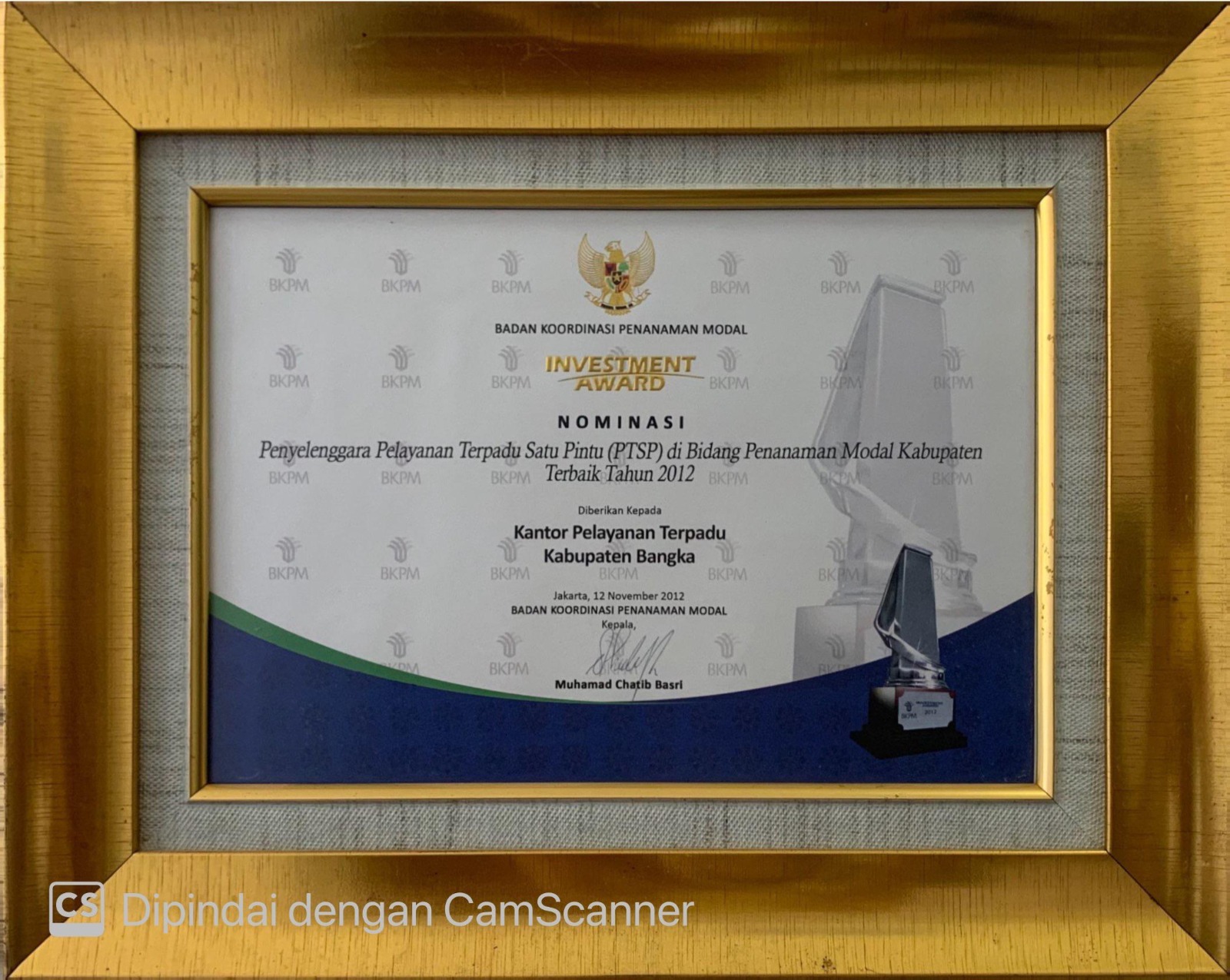 PTSP di Bidang Penanaman Modal Kabupaten Terbaik Tahun 2012